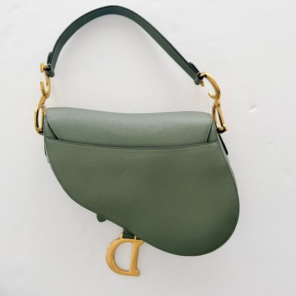 Christian Dior Saddle Bag Sage Green Crossbody Purse Pebble Leather Double Strap - Picture 4 of 15